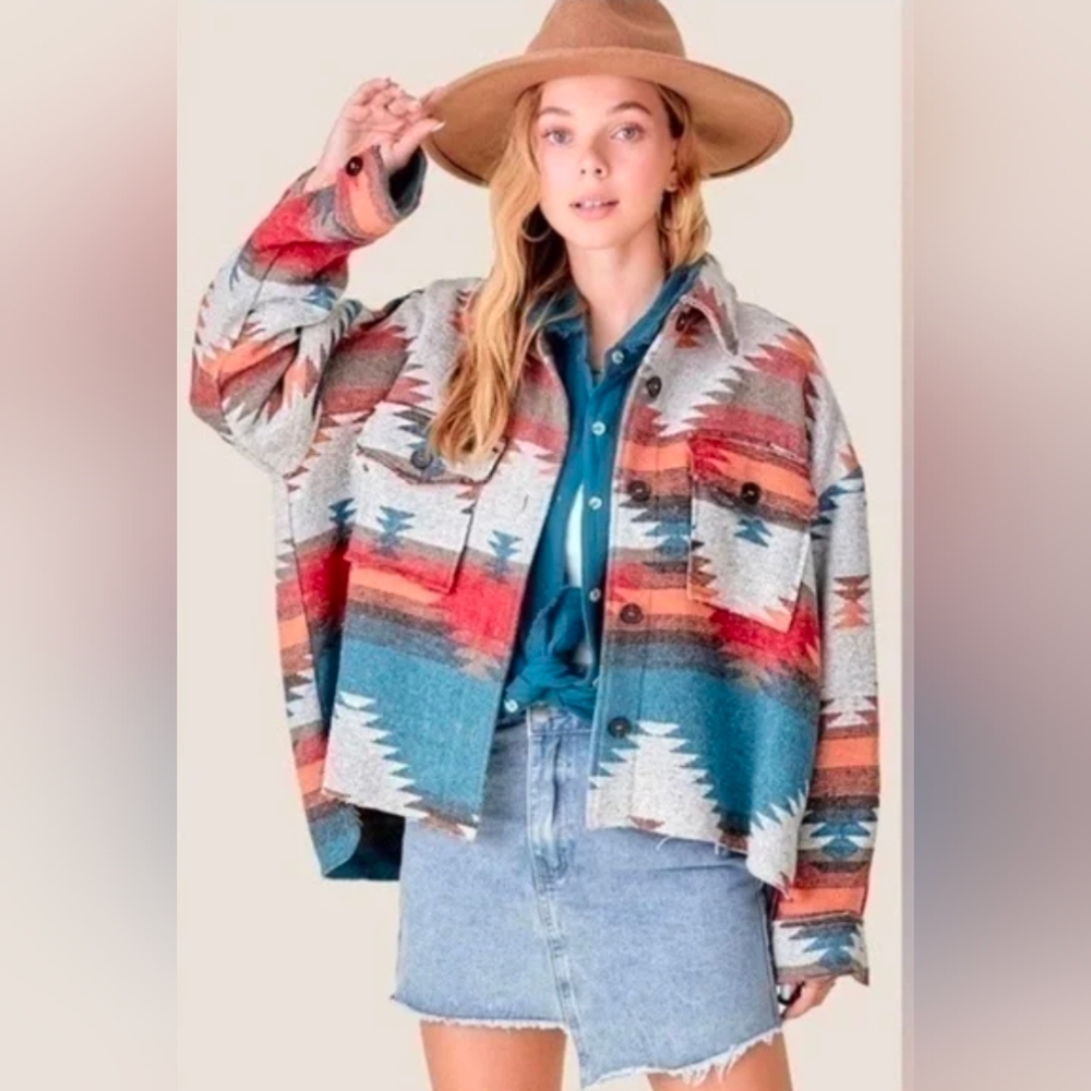 La Miel Eldora Aztec Shacket Aztec Western Raw Edge Oversizes Colorful Sz Small